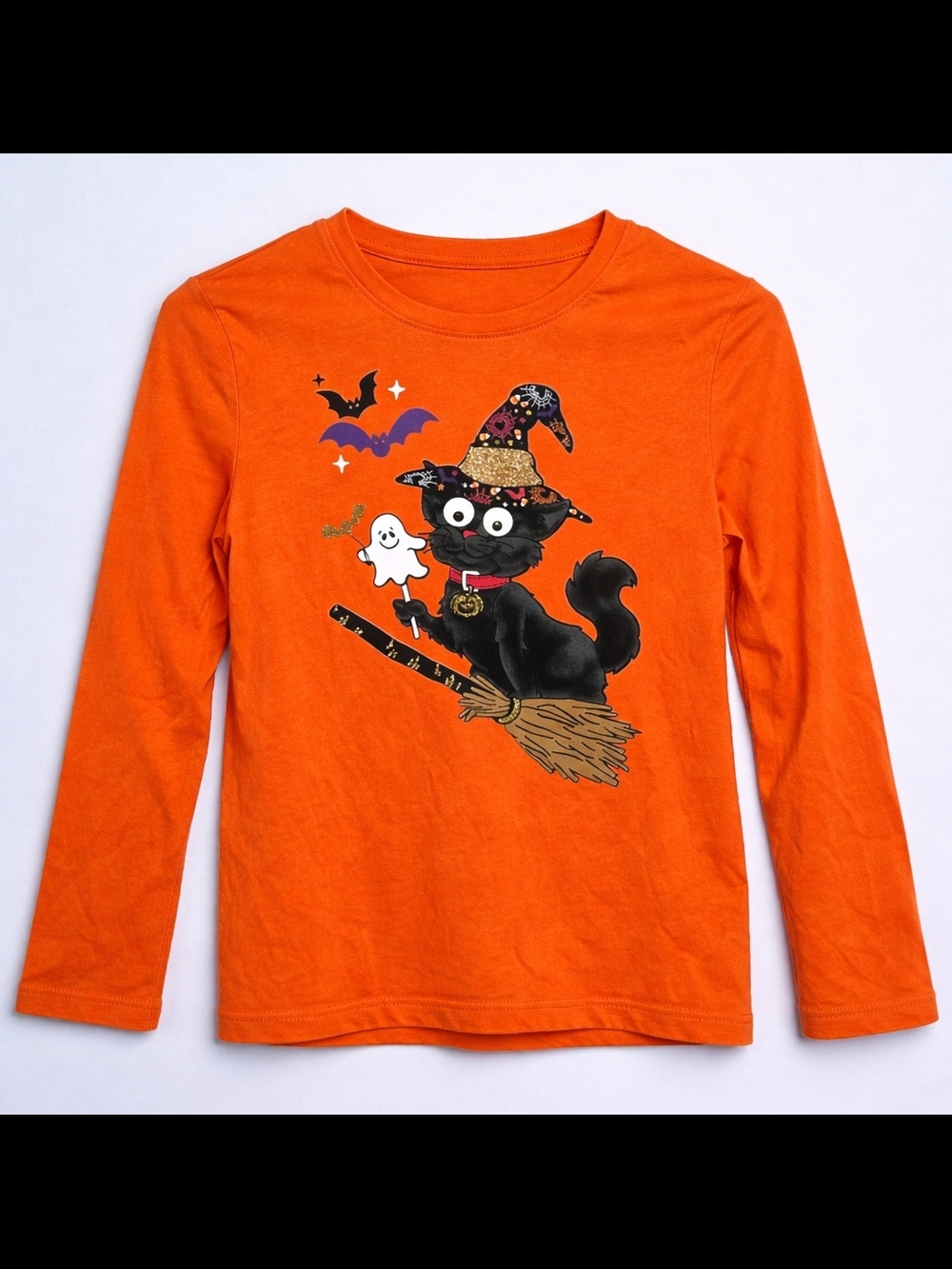 Kids Halloween Black Cat Graphic Long-Sleeve Shirt - Orange Size 10-12